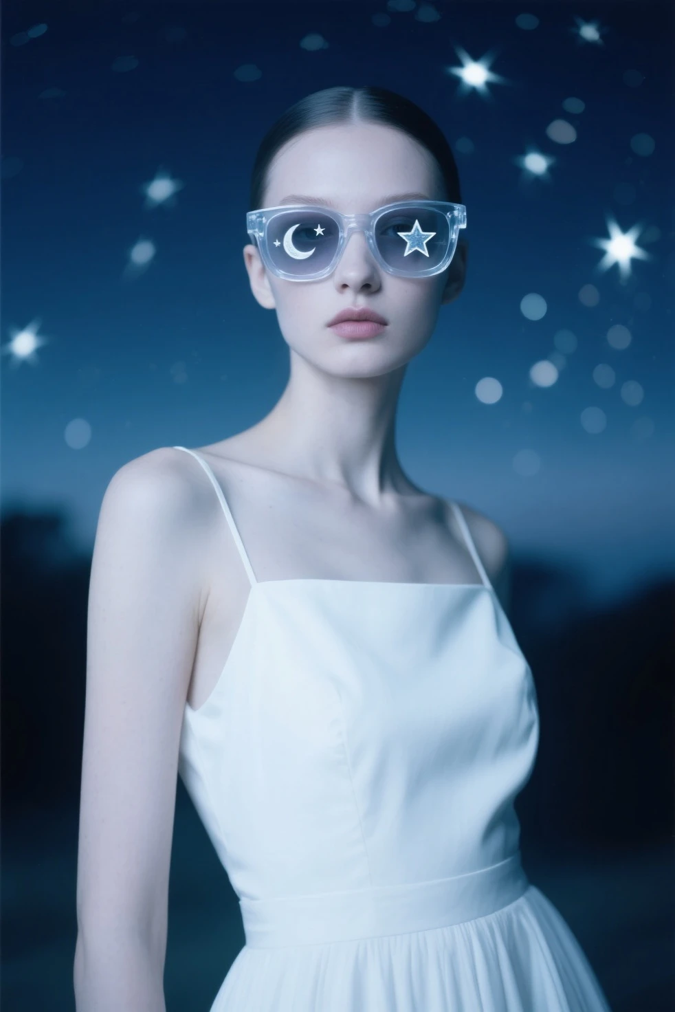 Model wearing glass sunglasses,There are stars and moon on the lens