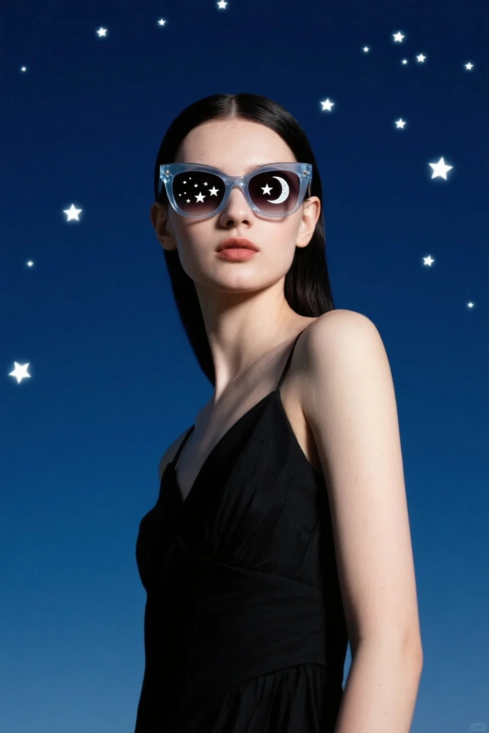 Model wearing glass sunglasses,There are stars and moon on the lens