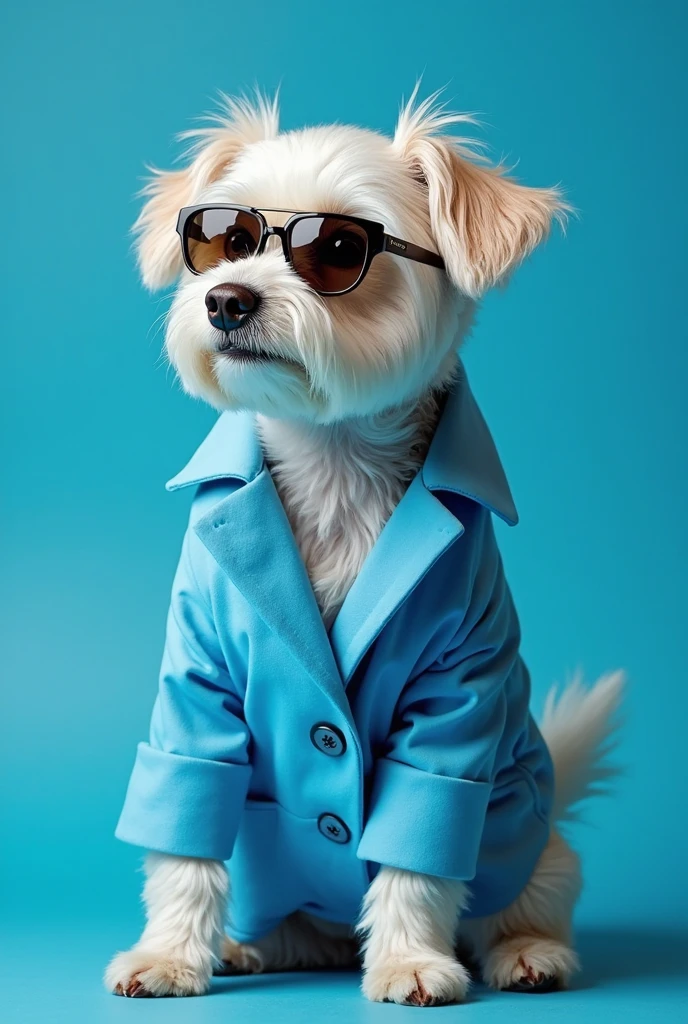 best mobile wallpaper,award - winning wallpaper,Photo photography,Front view of a cute dog,Dressed in mid-1960s space-age fashion,Side view photo,shot with Canon EOS R5,Set a strong contrast to make the subject stand out,Fluorescent blue,Wearing a very modern coat and sunglasses,It's a modern 1960s style,All clothes are one color,Beautiful background