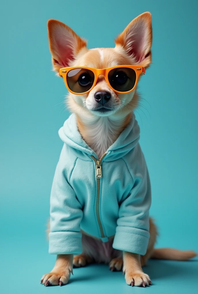 best mobile wallpaper,award - winning wallpaper,Photo photography,Front view of a cute dog,Dressed in mid-1960s space-age fashion,Side view photo,shot with Canon EOS R5,Set a strong contrast to make the subject stand out,Fluorescent blue,Wearing a very modern coat and sunglasses,It's a modern 1960s style,All clothes are one color,Beautiful background