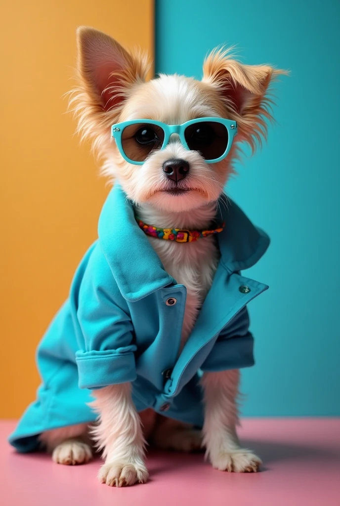 best mobile wallpaper,award - winning wallpaper,Photo photography,Front view of a cute dog,Dressed in mid-1960s space-age fashion,Side view photo,shot with Canon EOS R5,Set a strong contrast to make the subject stand out,Fluorescent blue,Wearing a very modern coat and sunglasses,It's a modern 1960s style,All clothes are one color,Beautiful background