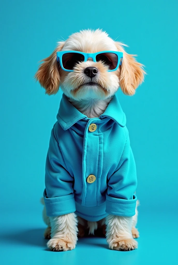best mobile wallpaper,award - winning wallpaper,Photo photography,Front view of a cute dog,Dressed in mid-1960s space-age fashion,Side view photo,shot with Canon EOS R5,Set a strong contrast to make the subject stand out,Fluorescent blue,Wearing a very modern coat and sunglasses,It's a modern 1960s style,All clothes are one color,Beautiful background