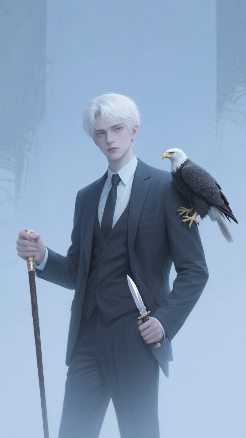 gray hair，Business suit，youth，eaglet，crutches and hidden knives