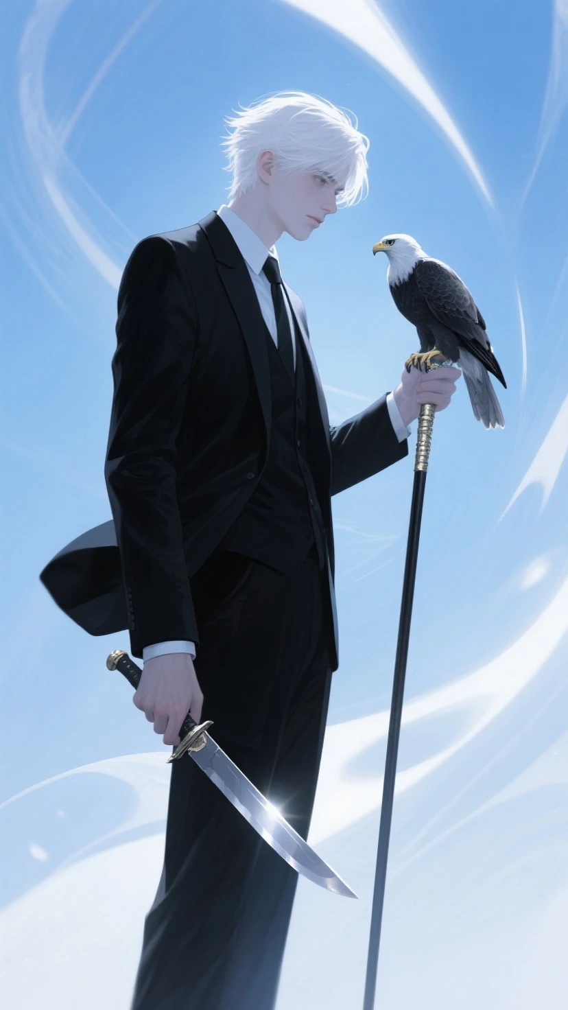 gray hair,Business suit,youth,eaglet,crutches and hidden knives