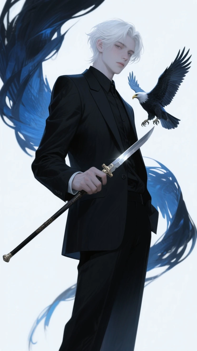gray hair，Business suit，youth，eaglet，crutches and hidden knives