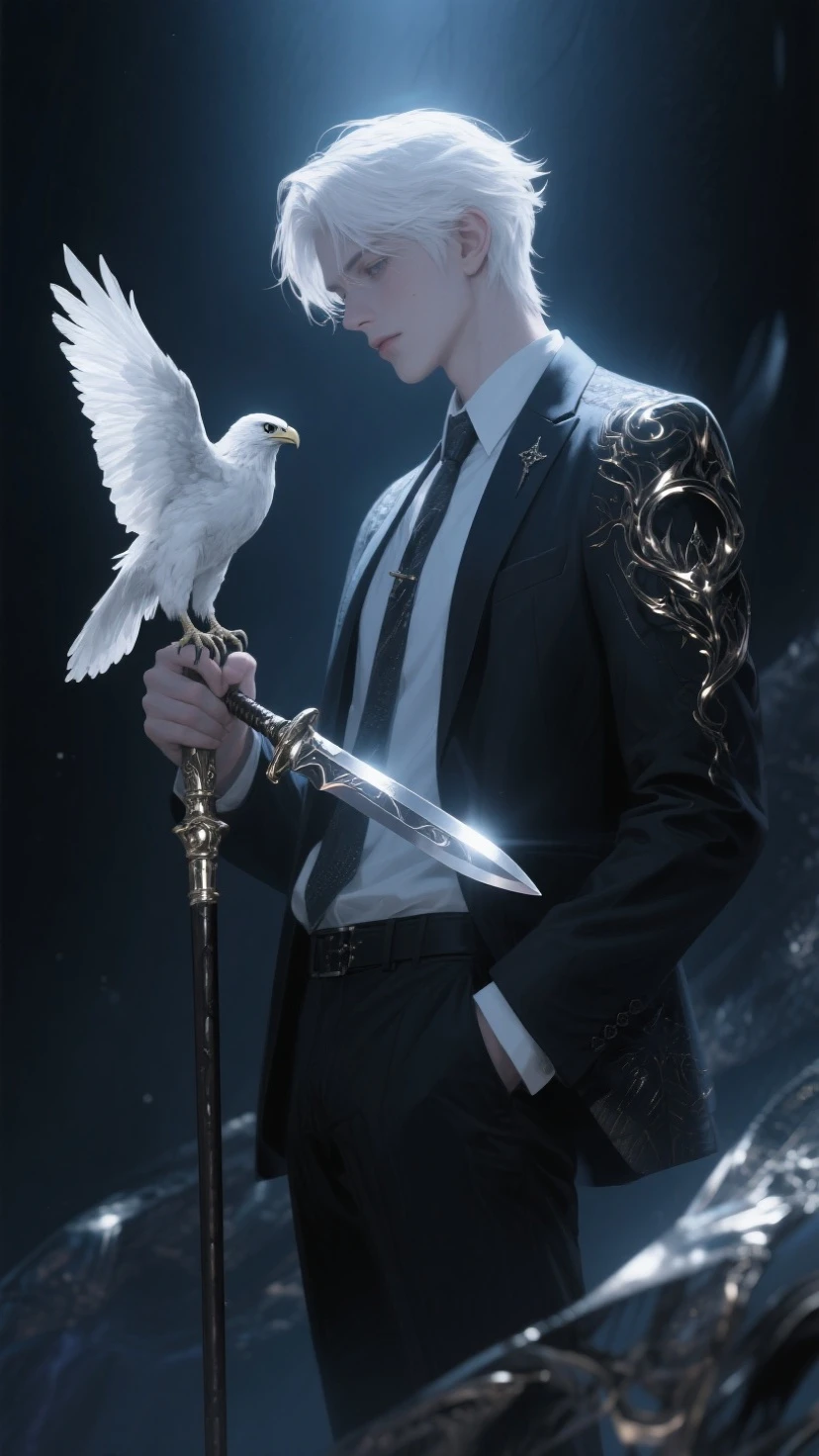 gray hair,Business suit,youth,eaglet,crutches and hidden knives