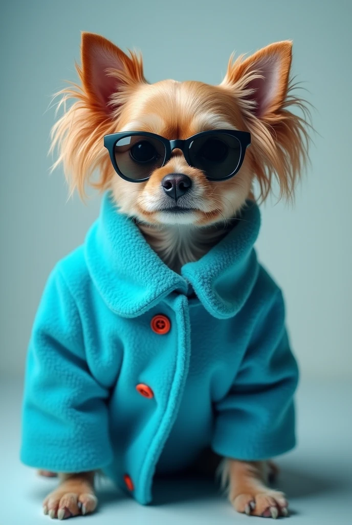best mobile wallpaper,award - winning wallpaper,Photo photography,Front view of a cute dog,Dressed in mid-1960s space-age fashion,Side view photo,shot with Canon EOS R5,Set a strong contrast to make the subject stand out,Fluorescent blue,Wearing a very modern coat and sunglasses,It's a modern 1960s style,All clothes are one color,Beautiful background