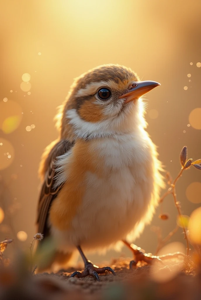 A charming close-up portrait,Showing a beautiful bird,Illuminated by soft golden light on a quiet morning,The bokeh ball gently frames its petite body