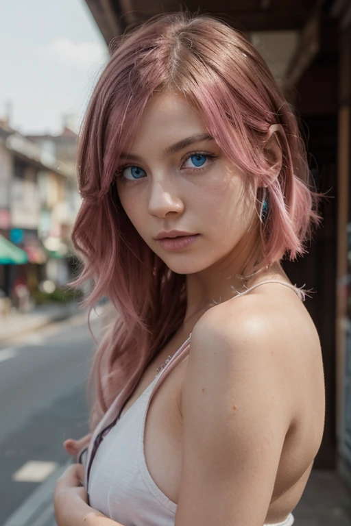 high resolution, masterpiece,Michon Shikisen, pink hair, alone, 1girl,external, Detailed background, Meticulous eyes , ((Blue Eyes))