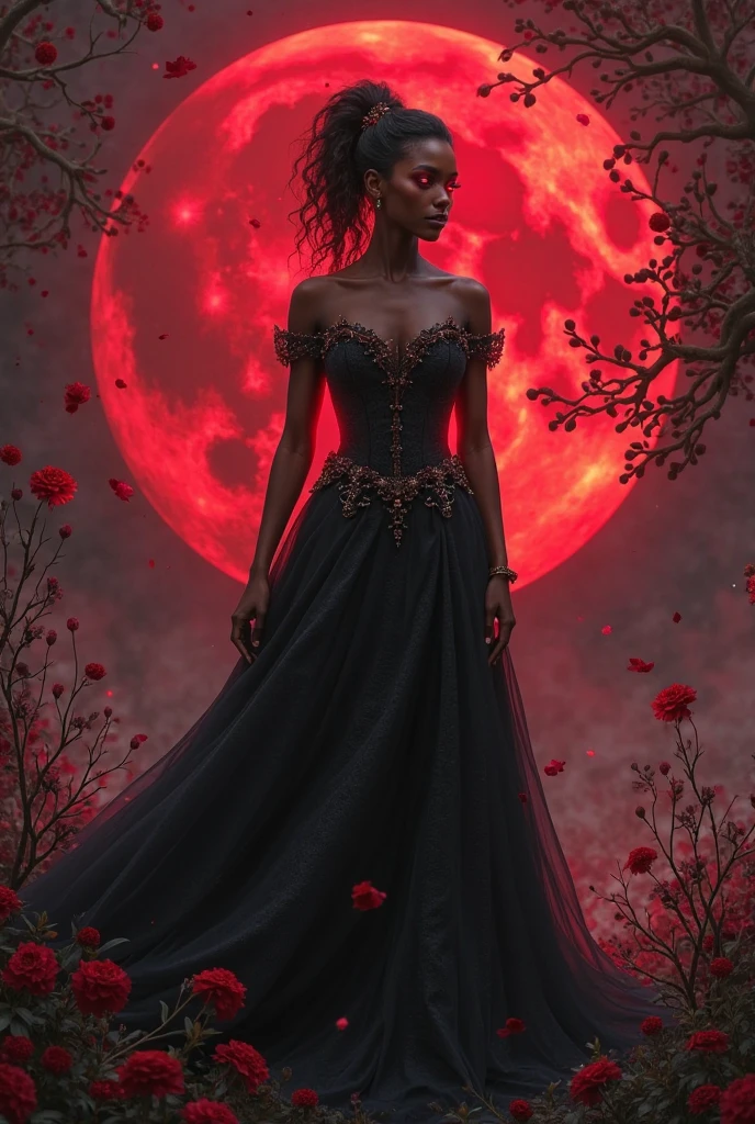 a black beautiful girl ((s )) a vampire princess standing in the present of the blood moon with her eyes dark pink ((Zodiac))