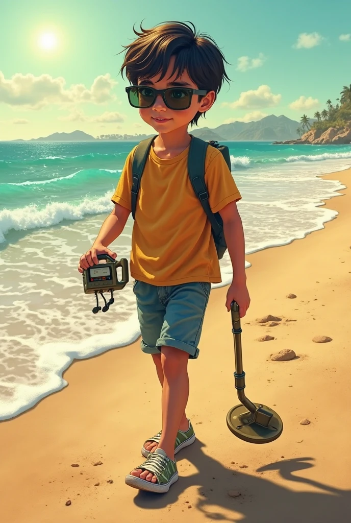 Put in sun black glasses marshell Black hair latino  boy with green eyes walking on the beach with metal detector in hand.