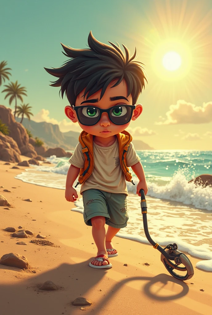 Put in sun black glasses marshell Black hair latino  boy with green eyes walking on the beach with metal detector in hand.