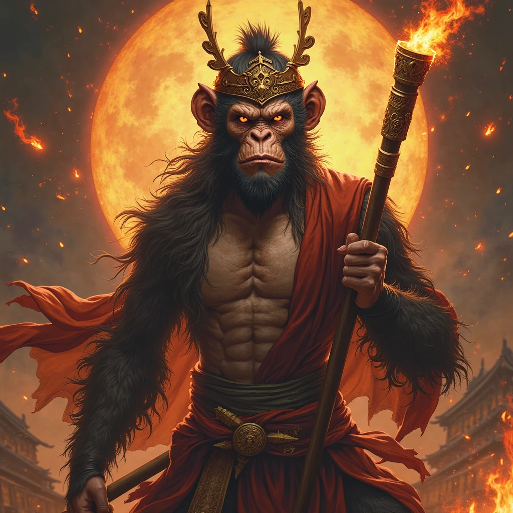 A Chinese monkey warrior holding a flaming staff, with traditional Chinese armor and flowing robes. The scene is set in a mystical forest with glowing lanterns and ancient trees. The monkey's expression is fierce, with fiery eyes, and the flames from the staff illuminate the surroundings with a warm, magical glow. The style should reflect a blend of traditional Chinese art and modern fantasy elements, with vibrant colors and dynamic lighting.
