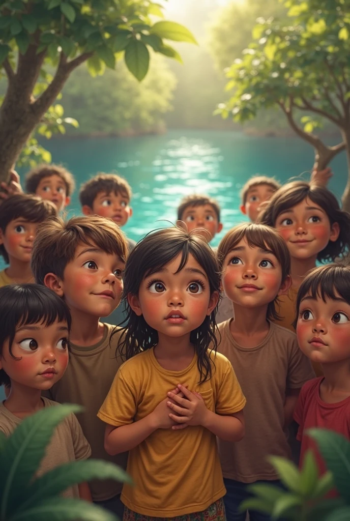 A boy falls into another world of lush nature. He stands in the middle of 7 people. Don&#39;t show people&#39;s faces, but show normal people, normally dressed. 
