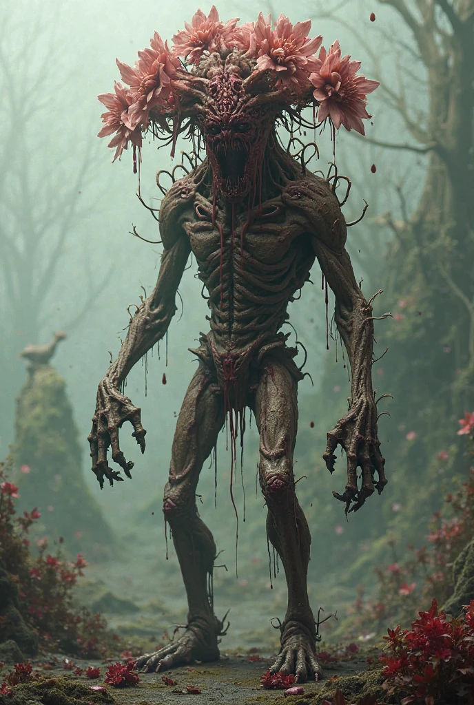 create a rooted human as if a tree were growing inside him, something similar to a half-burnt zombie