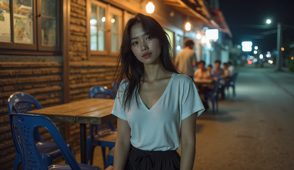 a beautiful korean woman, 36 inch breasts, straight hair, rolled sleeves t-shirt, riverside bar, night, hyper realistic, 8k, extremely detailed face and body, intricate details, dramatic lighting, cinematic composition, moody atmosphere, warm color tones