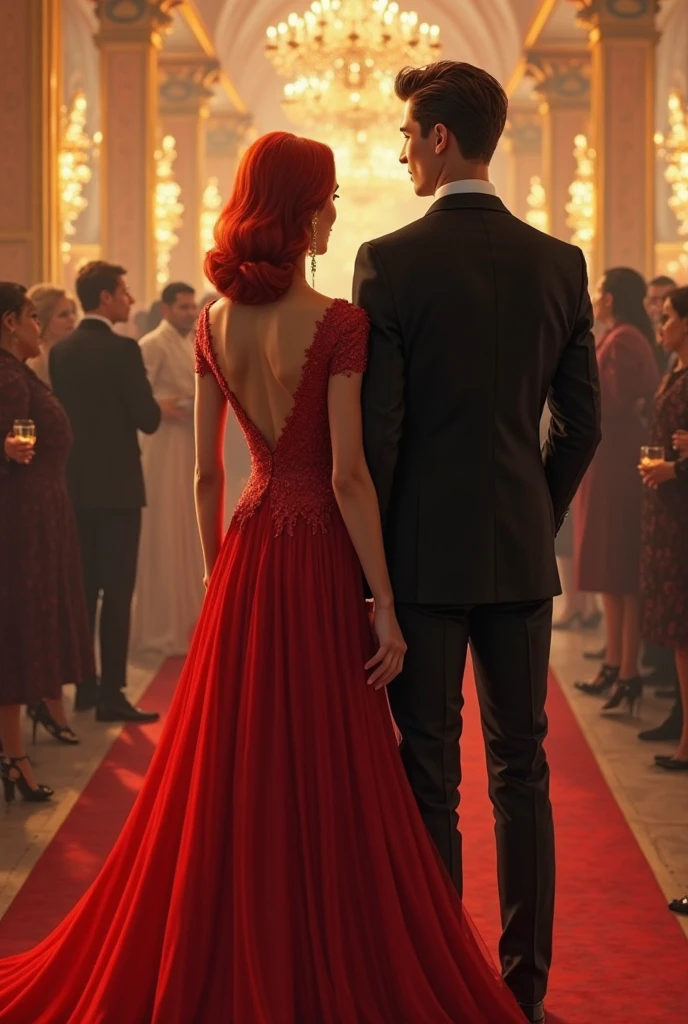 Dance hall with people in the background dancing and a medium build male with short black hair wearing a black tuxedo with black shoes standing next to a red head in a red dress and red heels facing the camera 
