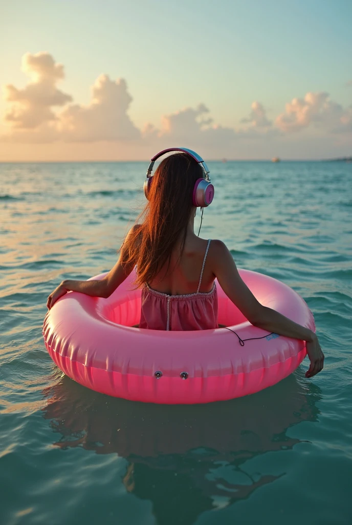 a woman standing in front of a window, looking out of window, facing window, wearing a pink bikini, larger breasts, seaside background, wearing headphones, a digital painting inspired by Alena Aenami, pixiv, realism, digital illustration, blurred and dreamy illustration, blues, blurry and dreamy illustration, artistic. lo-fi illustration style, sun
