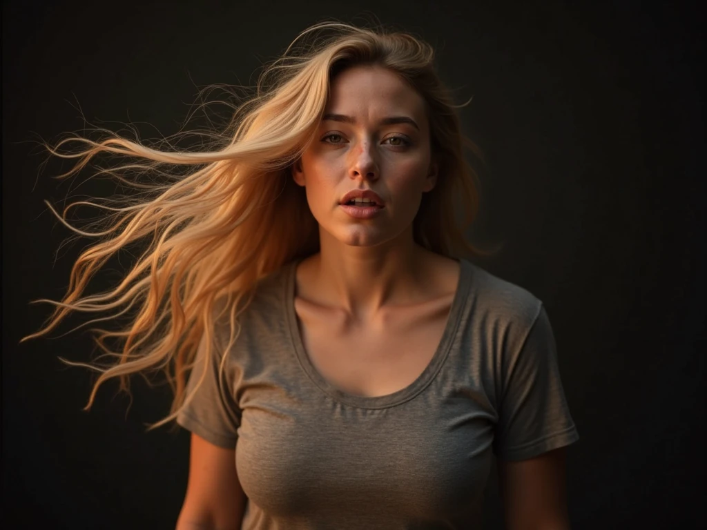 Scared girl with hair on her chest and with a beard