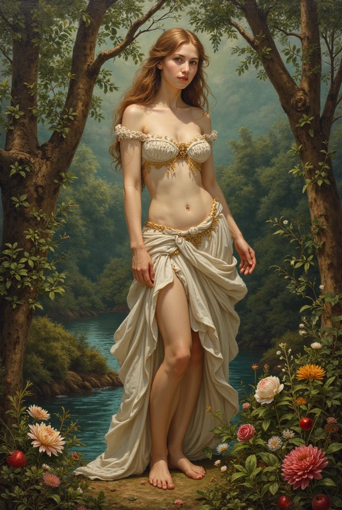 paint of five females lie on back of a white scan on the river, forest, a hand some man, full body standing, naked, wide, deer, bird, flower, cloud, female greek god, white hair, mature, hairy torso, fantasy, intricate, elegant, highly detailed, digital painting, artstation, concept art, smooth, sharp focus, illustration, art by gaston bussiere and alphonse mucha, almost naked
