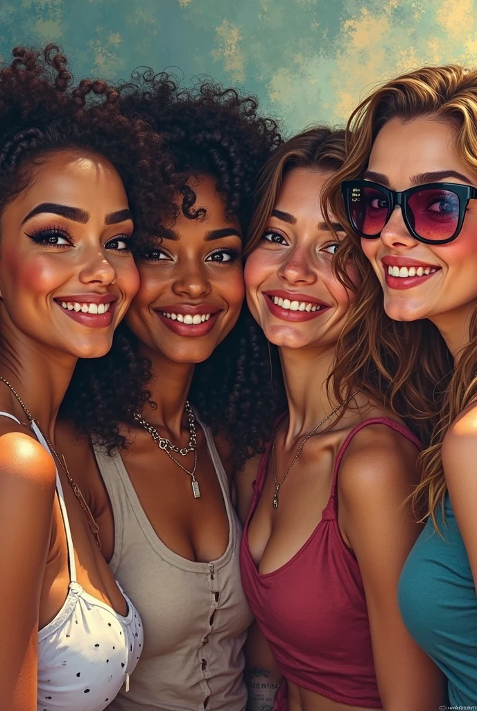 3 young women in a convertible in L.A Vibes 
1. Woman tanned with wavy dark hair with highlights and clumps 
2. Woman long straight hair blonde/orange with freckles and reading glasses 
3. Woman with long blonde hair lights wavy slightly tanned