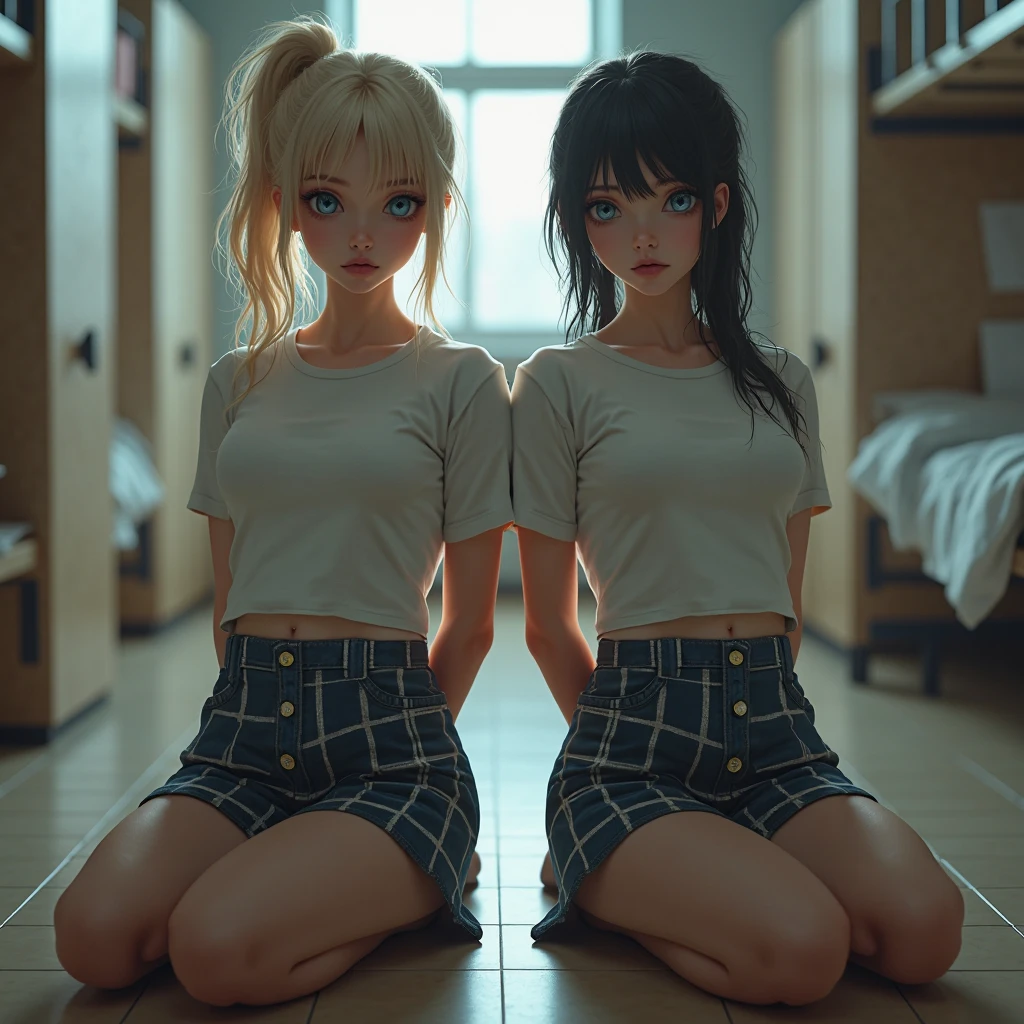 8K Raw Photos、high - resolution、21-year-old cool Korean、large round breasts、Student uniform、necktie、Tie Ribbon、blazers、skirts、Beautiful eyes in every detail、long eyelash、Beautiful double eyelids、eyeshadows、Slender eyes、Sanpaku eyes、Dark eye makeup、wicked smile、beautiful and thin legs、Short hair tied at the back、ear ring、School Changing Rooms、Wet and see-through、Half Squats、Bending over、Flipping up her skirt with her hands、Biting your lower lip、Embarrassed look、a 1 girl、The center of gravity is behind、opening legs、a 1 girl、1人、solo focus --auto