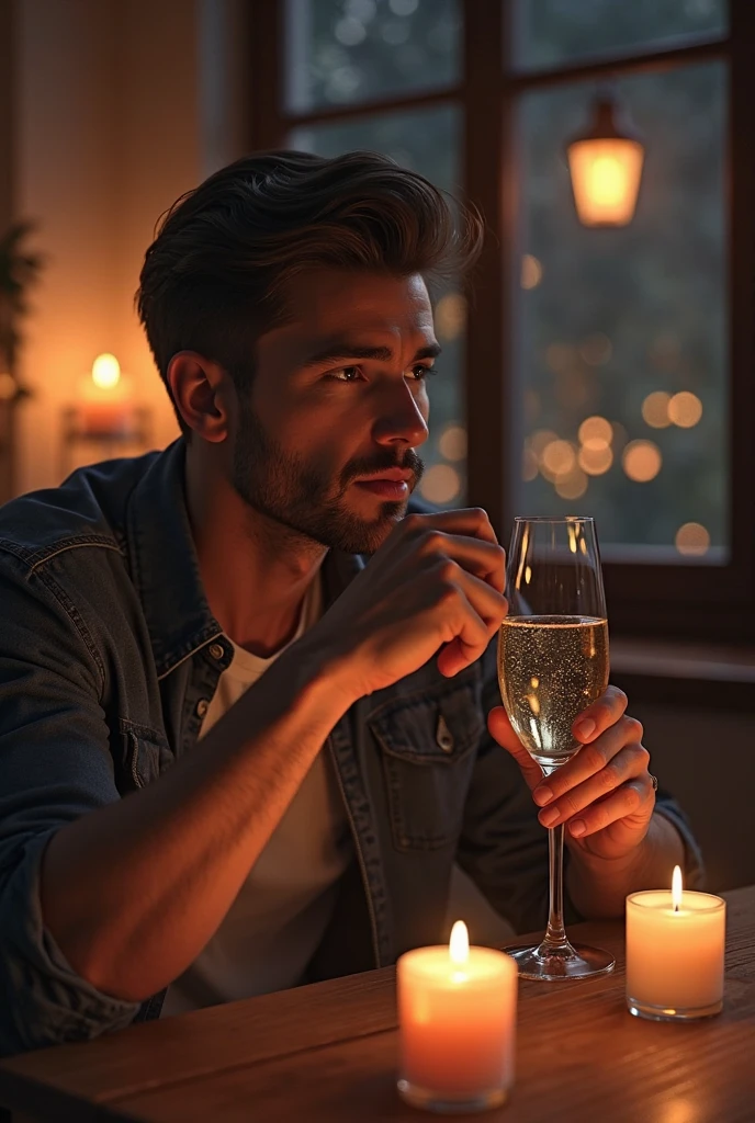 photorealistic, best quality, masterpiece, extremely detailed, sexy, homoerotic, extremely handsome, 30 year old filipino man, very muscular build, big smile, stylish attire, clinks wine glass towards camera,, candlelit dinner for two, in dining room, at midnight, dramatic shadows, extremely romantic atmosphere, perfect face, perfect fingers, perfect hands, perfection