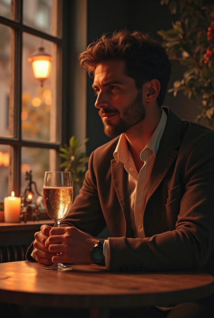 makes image of a white man, 3, model type, with short dark hair, with blue eyes, wearing pajamas buttoned up to the neck, lying on a bed and holding a glass of red wine. 