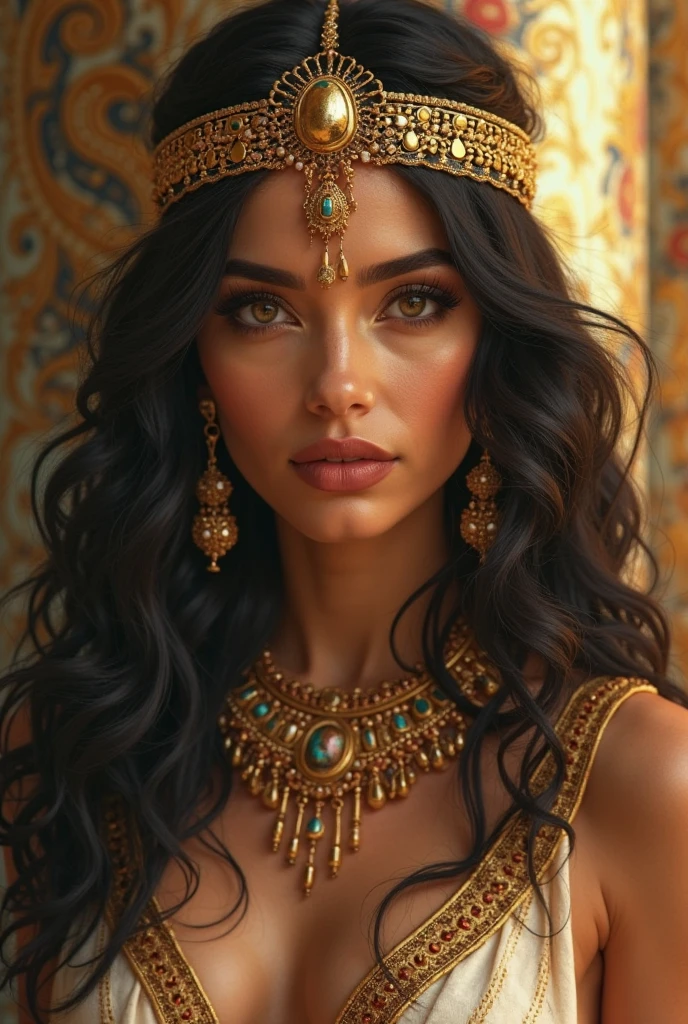 a dark-haired Egyptian woman with long, voluminous hair, greeneyes, outlined, gold and pink clothes, with lots of jewels and shine, with a tiara