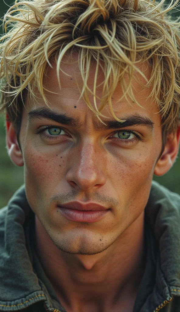 An extreme portrait shot on Iphone 16 of a Extreme Close-up portrait in the style of  Piotr Jabtonski and Frank Frazetta of a insanely handsome man, with short messy blonde hair, clear green eyes and a mischeviously enigmatic smile. The style should be reminiscent of high fantasy illustration, with a painterly, slightly textured look. The overall style should be reminiscent of Boris Vallejo and Frank Frazetta, with a focus on Thick, energetic, painterly strokes, rugged expressions and strong composition and rich colors.