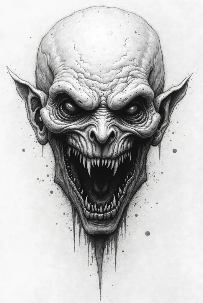 drawing of a man with a demon's head and teeth, an alien. angled jaw, portrait demon half human, (inktober), dark linework, ink and pencil, demonic creature, ink sketch, pencil and ink, drawn on paper, detailed jaw and eyes, drawn in fine-tip pen, ghoul, portrait of a demon, one a demon - like creature, BioPunkAI