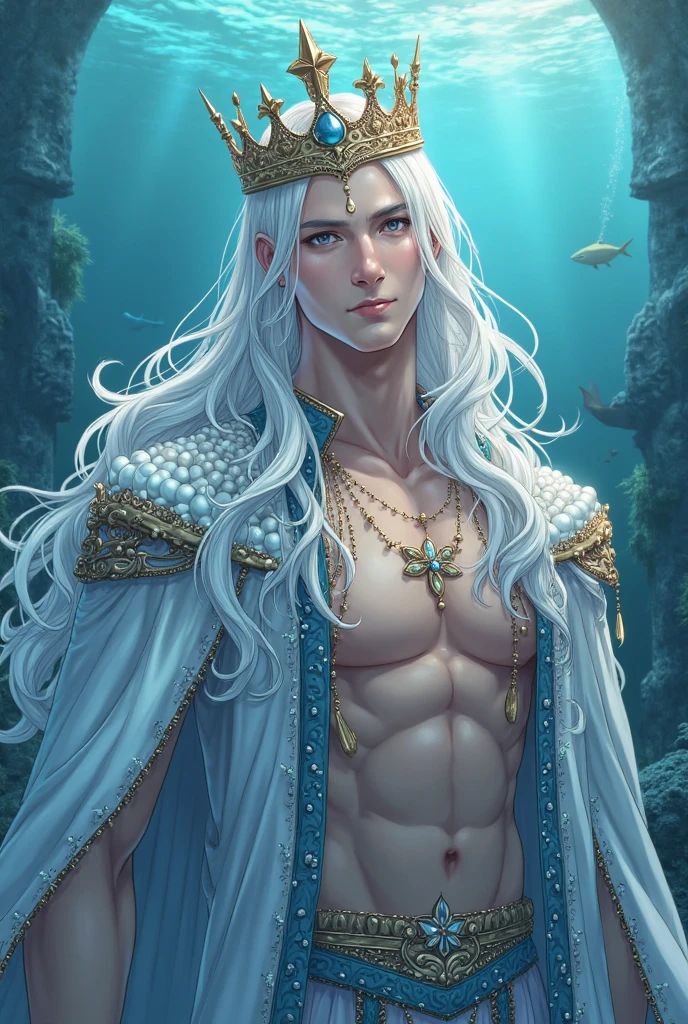 man, masculine, masculine face, attractive, muscular, (((1man))), masterpiece, absurdres, best quality ,intricate details , (shiny skin, shiny body, shiny oily luster skin, shiny hair, pale skintone), Sundown, attractive, ((muscular)), adult, one, earrings, Don't look at the view , Not looking at the view, silver hair, braided hair, perfect detailed face, perfect detailed hands, triton, fins, red eyes, triton ears, ((MLS)), smirk, medium large shoot, marine ornaments, sea in the background, ((in the water)), open chest, mermaid tail