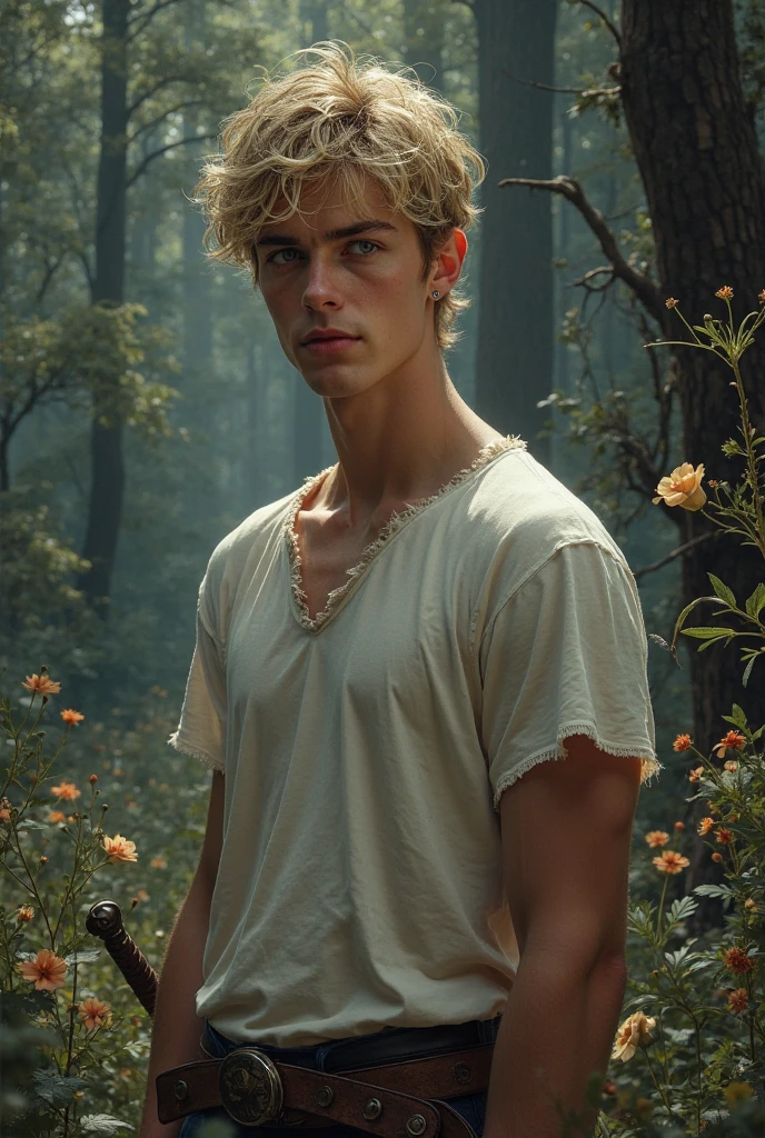 20-year-old man, with damp dark blonde hair falling slightly over his forehead. He tilts his head back just a little, lips parted as a rough sigh escapes him. His body is naturally muscular—broad, firm chest, strong biceps sculpted without effort, and fair, delicate skin.

Heat courses through him, every touch intensifying the throbbing sensation growing within. His muscles tense as if surrendering completely to the desire consuming him. His eyes close, brows furrowed in a mix of ecstasy and need.

A shiver runs across his skin, and he lets out a restrained moan, feeling the pleasure spreading through his sweat-covered body.

He stands in the heart of a dark forest, surrounded by towering trees lost in shadow. A warm, flickering glow lights up his face and upper body, casting soft highlights across his features and emphasizing the tension in his form. One of his hands moves slowly across his own skin, tracing the lines of his chest and abdomen with intimate pressure, as if seeking more, craving release. The moment is raw, personal—his touch a silent answer to the fire burning within.

A shiver runs across his skin, and he lets out a restrained moan, feeling the pleasure spreading through his sweat-covered body, cinematic lighting, cinematic angle, best quality, masterpiece, perfect anatomy, highres, ultra-detailed, 8k, detail, unique, aesthetics, HDR, Photorealistic, Hyperrealistic, Hyperdetailed, analog style, soft lighting, subsurface scattering, cinematic lighting, cinematic angle, best quality, masterpiece, perfect anatomy, highres, ultra-detailed, 8k, detail, unique, aesthetics, HDR, Photorealistic, Hyperrealistic, Hyperdetailed, analog style, soft lighting, subsurface scattering