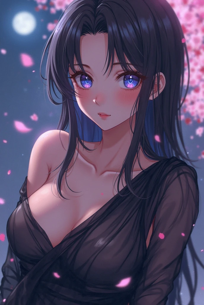 masterpiece, absurdres, hinata\(boruto\), 1girl, solo,mature female, midi bodycon dress, looking at viewer, (falling petals), perfect composition, detailed lips, big breast, beautiful face, body propotion, blush, (pink lips), long hair, purple eyes, soft gaze, super realistic, detailed, photoshoot, realistic face and body,
