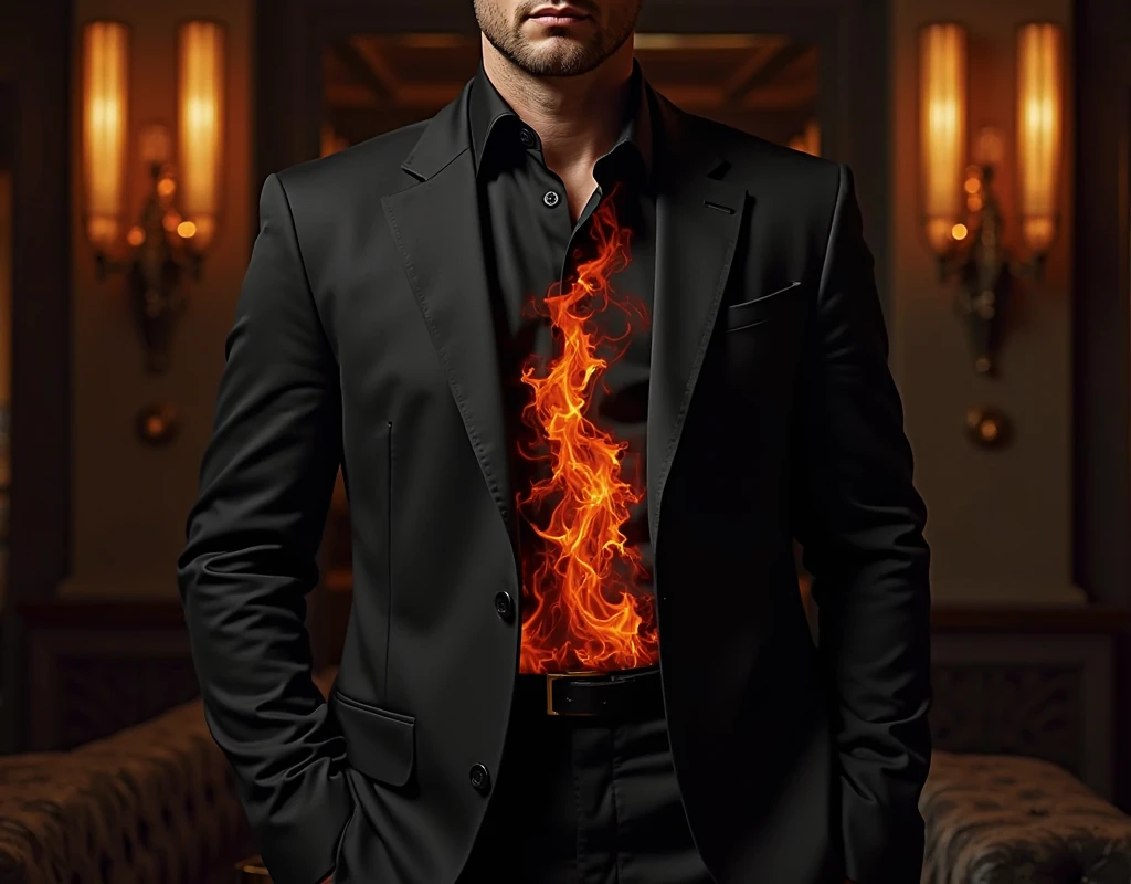 demonic *glowing red eyes,* Lite Blonde hair in the stile not color of leon kennedy of resident evil 4 *blowing litely in the breeze of the flames* around him, tall he's over 6'5" he'll have fangs like dracula, has a bad boy smolder and pale white skin. Muscular over the age of 28 years old looks supernatural, wearing shiny white leather trousers tight to his muscular legs revealing his large masculine bulge, wearing a very *long floor length jacket* like Neo's in the matrix movie but it's *white* that blows behind him because of the flames. with a peak of bare chest and abs exposed, a glimpse of pink nipple, a *wicked evil toothy smile* like he's ready to drain your blood, *his tongue is sexually suggestive*. he's *wearing Shiny white leather boots knee high length*. He looks strong sexy, intimidating, sexual, and evil surrounded by a hellish kingdom that is on fire he revels in the heat of it, chest covered in sweat glistening, short dusting of chest hair covering his pecs and a visible happy trail of hair down his abdomen, he has a perfect V line. He looks like he could scare you if he wanted to. He is evil. His throne is behind as he commands the flames.