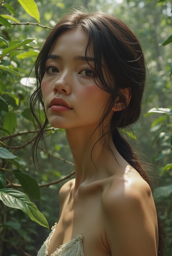 Une femme nue posant dans une forêt tropicale, Transpiration, aisselles visibles, aisselles épaisses, poils des aisselles, Poils pubiens, beau visage, posture érotique, Visage séduisant, réaliste skin, réaliste breast, réaliste nipples, Ultra haute résolution, aisselles ultra texturées, dense Poils pubiens, peau mouillée, peau grasse, peau luisante, réaliste anatomy, Lèvres roses, tétons roses, Figure parfaite, poses dynamiques, perspective dynamique, taille de fichier énorme, un maximum de détails, 8k, seins moyens, réaliste, collier fin, des boucles d'oreilles, De taille moyenne, Tout le corps, Couleurs atténuées, éclairage froid, peau blanche pâle, forêt fantastique, Saison des pluies, nuageux, sombre, Coiffure chinoise, proportions corporelles précises, corps épais, Corps jeune, cuisses ouvertes, fard à joues naturel, Maquillage pour les yeux, lèvres brillantes, yeux ambrés, cheveux longs, doigts parfaits, yeux pétillants, réaliste eyes, yeux expressifs, yeux parfaits, yeux assortis, nuit étoilée, Tout en courbes, jeune femme, cinématique, visage expressif, Légèrement potelé