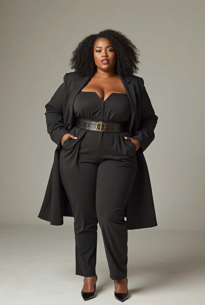 Make a picture of a black woman , long curly black hair, dark shaped eyes, chubby, wearing a long military green dress with black polka dots,and a long beige coat down to the knees, black heel shoe,black tights