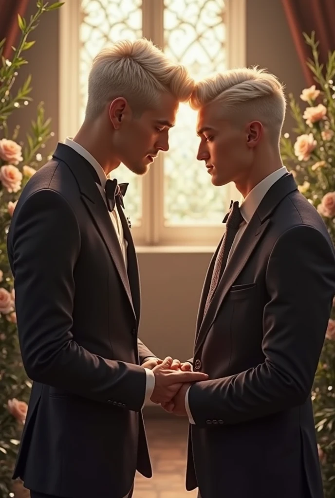 Two men, one blond blue eyes and the other dark hair green eyes, both 21 years old, getting married
And kissing