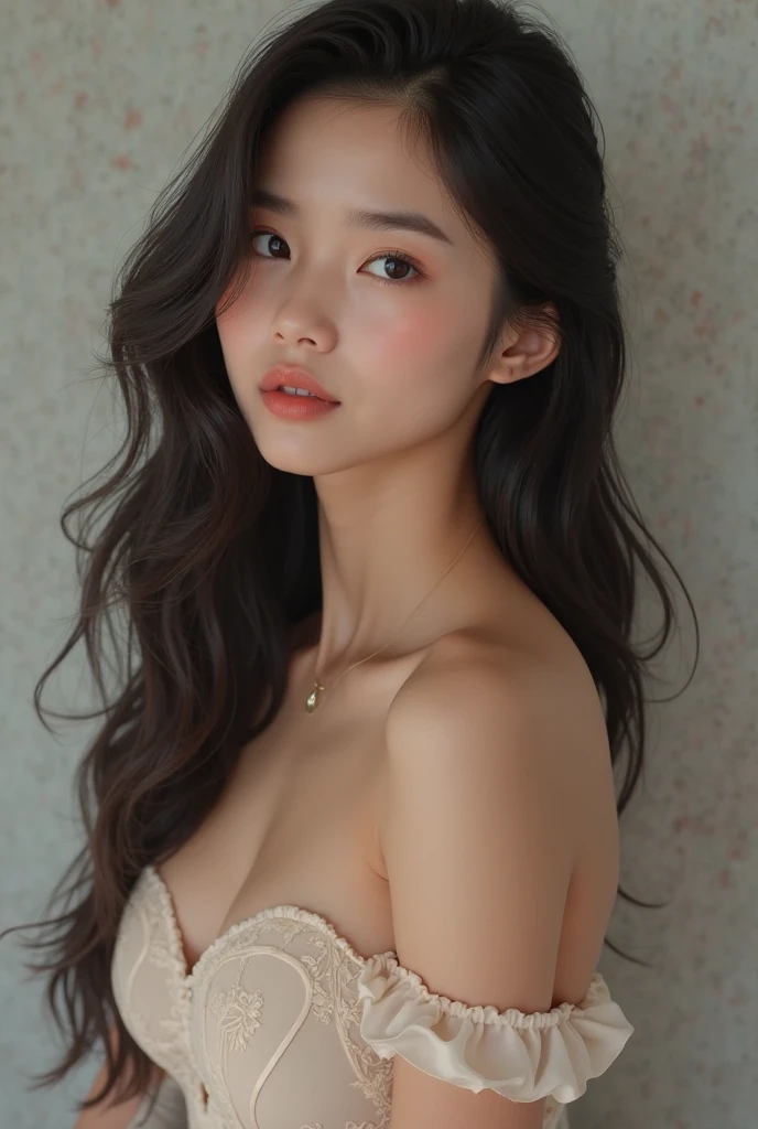 Top quality, RAW Photo, Highest Quality Image, 16K, Full body, Age 22, Realistic, Photorealistic, Beautiful Asian woman, Sexy, body, White pale skin, Black Hair,, Wavy hairstyle, Modern hairstyles, Detailed face, Detailed body, Detailed skin, Double eyelids, Very Big eyes, long eyelashes, bright eyes, green eyes, natural lips, detailed lips, Saggy breasts, Very Small breasts, Flat Breasts, long shape breasts, posing in bedroom studio, sunny day light, wearing white see through crop top with all buttons are unbuttoned, no bra, Has Tattoo on the top of rhe chest