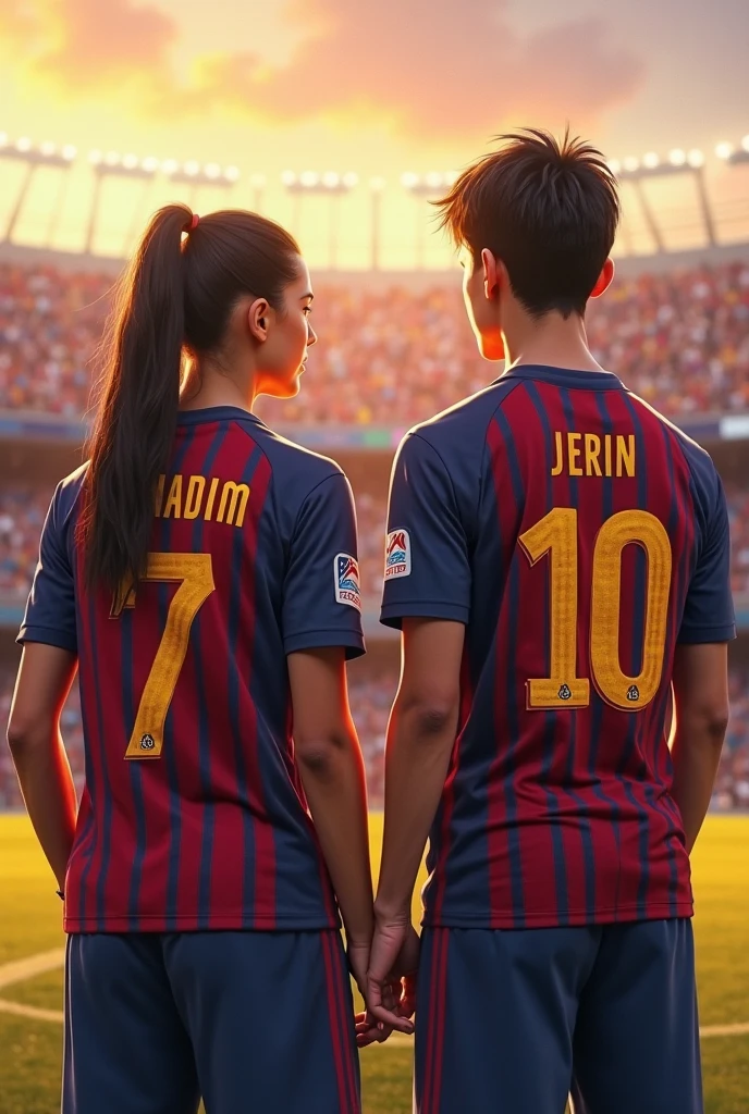 Woman and man from behind wearing the Barcelona shirt with the numbers 8 and 14 with the names Kristel and Abdiel and their hair tied to one side 