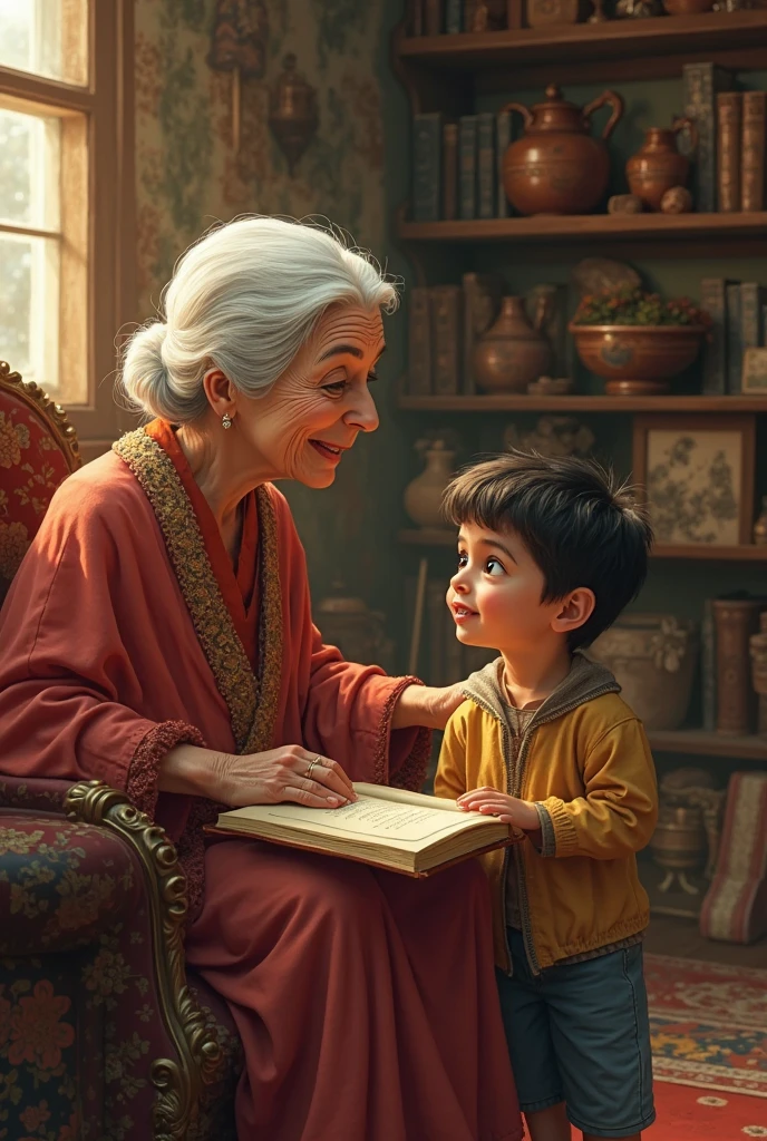 an old lady wearing a saree sitting and reading stories to her grandson