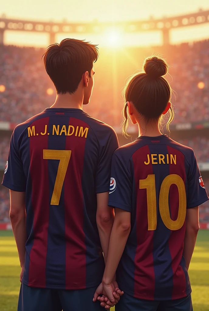 A couple name Mohona (girl) and Rafi (boy) is watching a football match Between Barcelona and Real mardid in their room. They are 20 years old. Both are Wearing Jersey and Their name behind the Jersey. Their Jersey number will be 10 and 7. It's need to show their name properly.