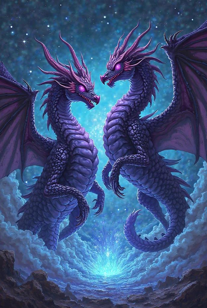 a cover for a diary in the style of Rebecca Yarros' Bloodwings book containing two dragons, a black dragon and a black dragon with violet touches on the scales, grey rays in the air, flames at the feet and a starry sky with very golden touches on the stars and the frame
