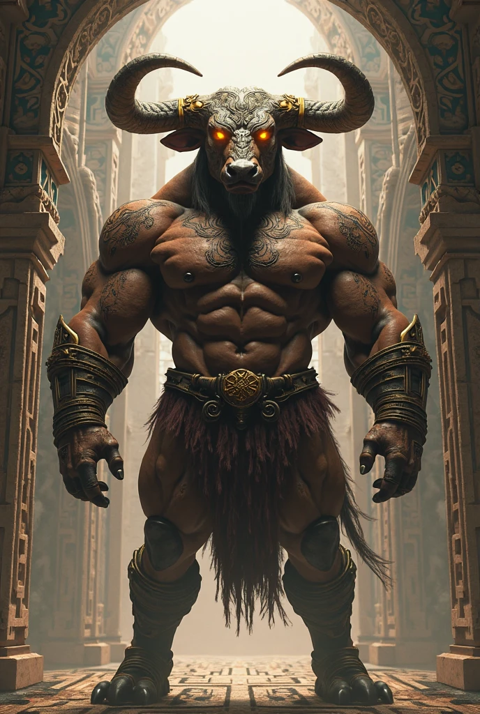 anthro, minotaur, solo, female, muscular body, amazonian female, thick thighs, thin waist, happy, seductive pose, naked, black nipples, big breasts, pubic hair, fluffy fur