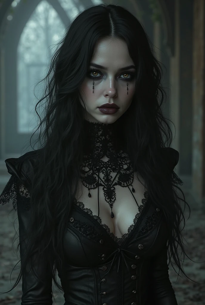 dark gothic vampire woman, witch, pale skin, black hair, open dark red lips, blood on lips,sharp fangs, open cleavage, seductive expression, gothic dress, dramatic lighting, chiaroscuro, dramatic shadows, highly detailed, cinematic, moody, dark cemetery, full moon, dramatic contrast, ultra-detailled, 8k, hyper-realistic, intricate details,jambes écartées, ongles longs noirs
