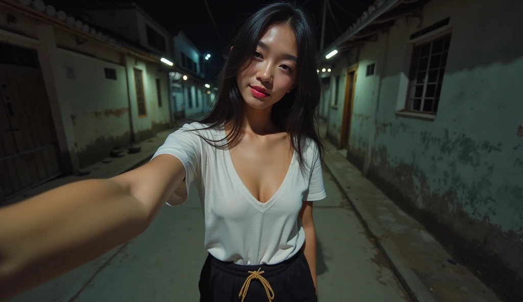 (taking selfies, overhead view: 1.4), (straight half of the torso: 1.4), Portrait photo of a 24-year-old black-haired girl in RAW UHD format. (Blue-eyed woman) Walk down the dark alley, large breasts,, night city, (upskirt), (cutout), Details (textures! , Hair! , glistering, Color!! , imperfections: 1.1), highly detailed glossy eyes (looking at the camera), DSLR Lighting, SLR camera, Ultra-Quality, sharpness, Depth of field, Film grain (Downtown), Fujifilm XT3, Crystal clear, Frame Center, beatiful face, sharp-focus, street lamp, neon lighting, bokeh (dimly lit), night time, (night sky), detailed skin pores, oilly skin, suntan, Complex eye details, full - body, large breasts