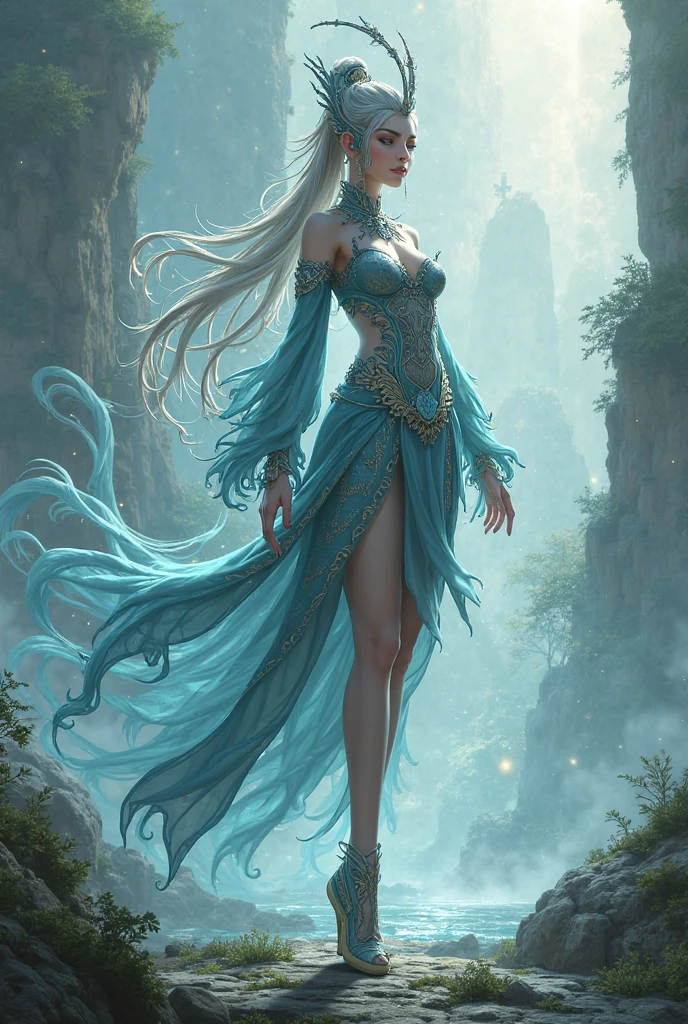 Sexy pose, detailed face,detailed eyes,detailed hands,elf woman((highres,best quality),detailed elf woman,detailed face,detailed eyes,looking up to the sky,half-naked,vibrant colors,landscape background,forest elements,waterfall,ethereal atmosphere,soft sunlight,serene expression,flowing hair,fantasy setting,magical ambiance,glowing flowers,delicate features,enchanted forest,rays of light,pastel hues,mystical creatures,majestic trees,sparkling water,dappled shadows,ethereal beauty,fierce yet elegant,graceful posture,strong connection with nature,mysterious eyes,wisdom and enchantment,harmonious blend of fantasy and reality,mythical realm,magic in the air,serenity and tranquility,immersive experience,whimsical and captivating,unforgettable visual journey,masterpiece artwork full body, long see trough dress