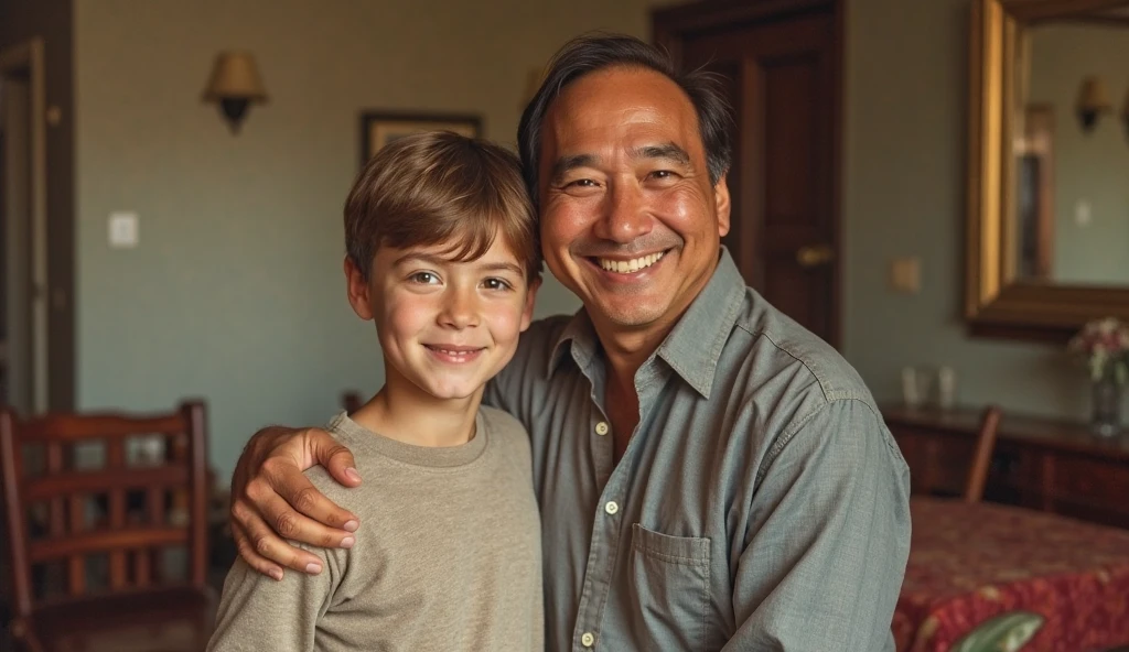 Illustrate a heartfelt moment of a father and his young son walking together, their gaze fixed on the camera, conveying their bond and determination amidst challenging circumstances Soft, diffused winter lighting that imparts a sense of resilience and enduranceFrame the duo in a close-up shot, capturing their faces and upper bodies. The camera positioned at eye level emphasizes their connection and portrays the father and son's shared determination ::n_Capture a poignant scene of a father and son walking, their eyes meeting the camera with a reflection of the weight of their struggles