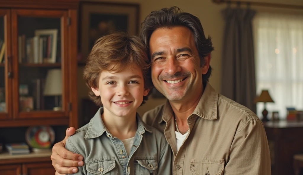 Ultra-realistic portrait of a man in his 40s. He has brown hair with a few white strands, a neatly trimmed beard and green eyes that reflect sadness and relief. His face is well defined and his expression suggests emotion and vulnerability. The portrait should be from the waist up. He is wearing a casual shirt.

The man is in a living room, embraced by two 1s, a boy and a girl, both with brown hair, all with expressions of support and solidarity. The environment should include elements such as a sofa and a lamp, but should be blurred so as not to distract from the main subjects.

The lighting should be soft and warm, with light from a lamp coming from above, creating subtle shadows that accentuate the subjects' emotional expressions. The light should highlight the eyes and the texture of the skin, emphasizing the seriousness and emotion of the moment.

The image should convey a sense of togetherness and relief, with a touch of vulnerability. Suggest a warm color palette, such as golds and browns, that complements the atmosphere of the living room.

The photo should be of high quality, with 8k rendering and extreme detail, capturing the emotional essence of the moment.