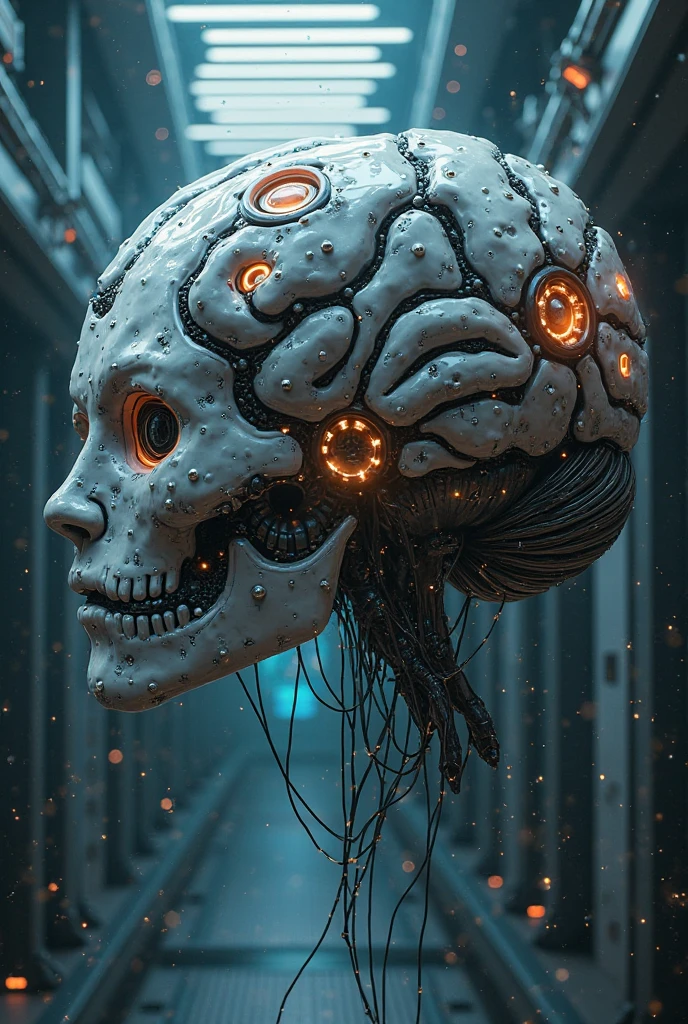 Create an image of a skull with the brain exposed, in a cyberpunk environment and white and neon pink colors with blue gray and a high contrast dark background